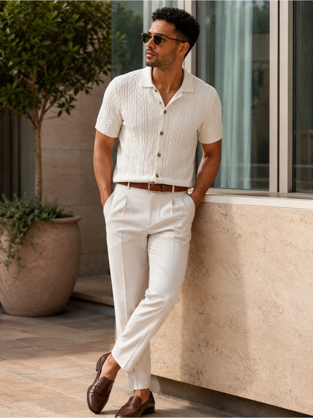 Industry Cable Knit Button-Up Polo Cardigan in Ivory